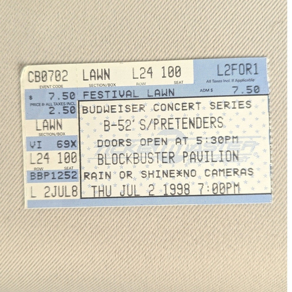 Vintage '98 B-52s / Pretenders Concert Ticket Stub Blockbuster Pavilion Ephemera